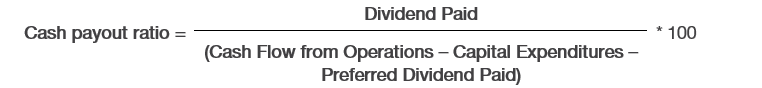 Cash Payout Ratio Formula. subtract CAPEX and preferred dividend paid from Cash Flow From Operations. Divide dividend paid by the result. Multiply by 100.