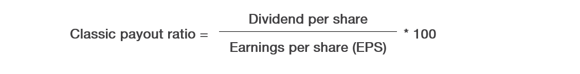 Classic Payout Ratio formula. Divide dividend paid per share by earnings per share. Multiply by 100.