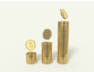 Three piles of golden coins: one short, one medium and one tall